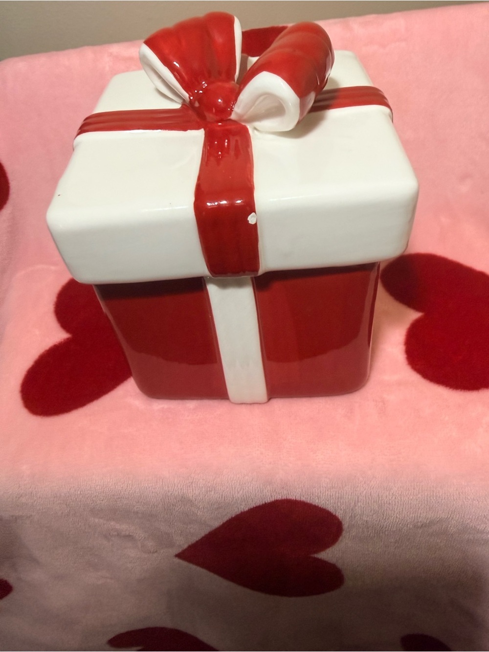 White Ceramic Gift Box with Red Bow - Decorative Jar